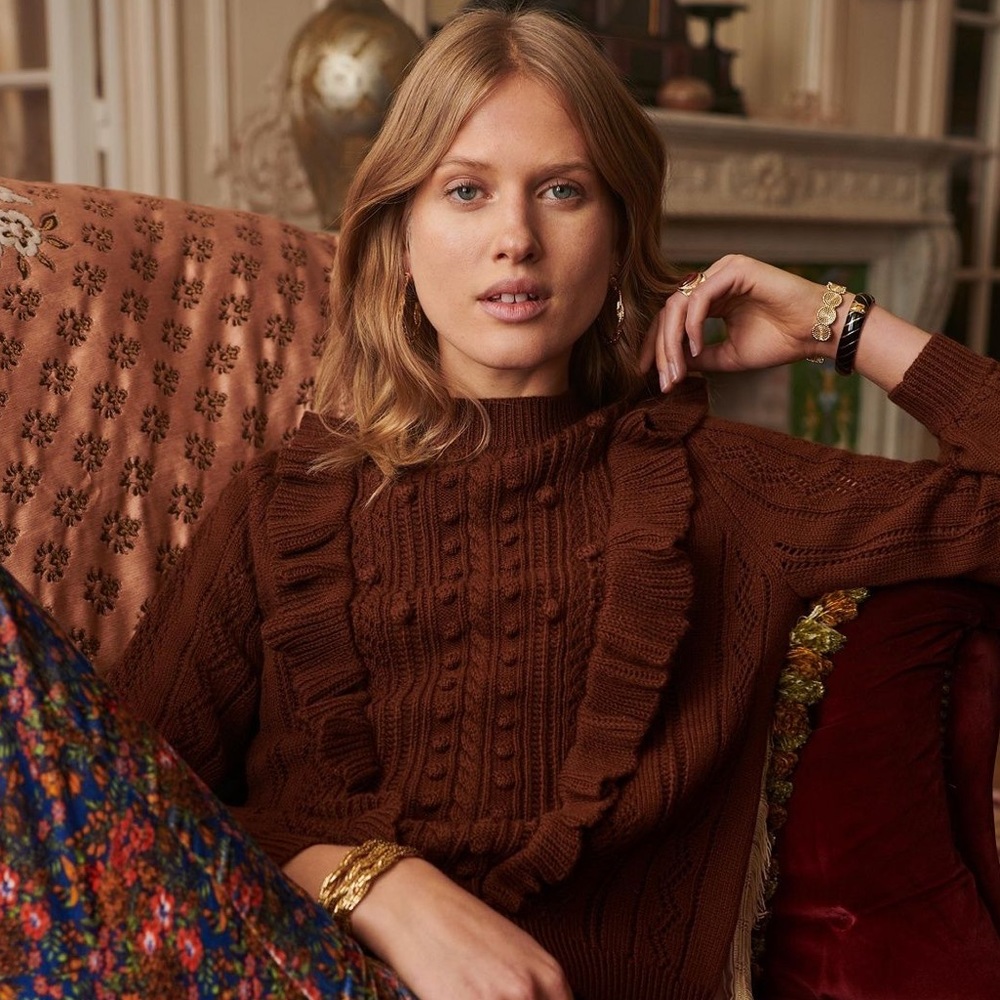 Sezane Brown Ruffled Cable-Knit Turtleneck Sweater